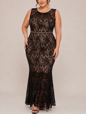 Enfocus Studios Sleeveless Black Lace Maxi Dress with Nude Underlay